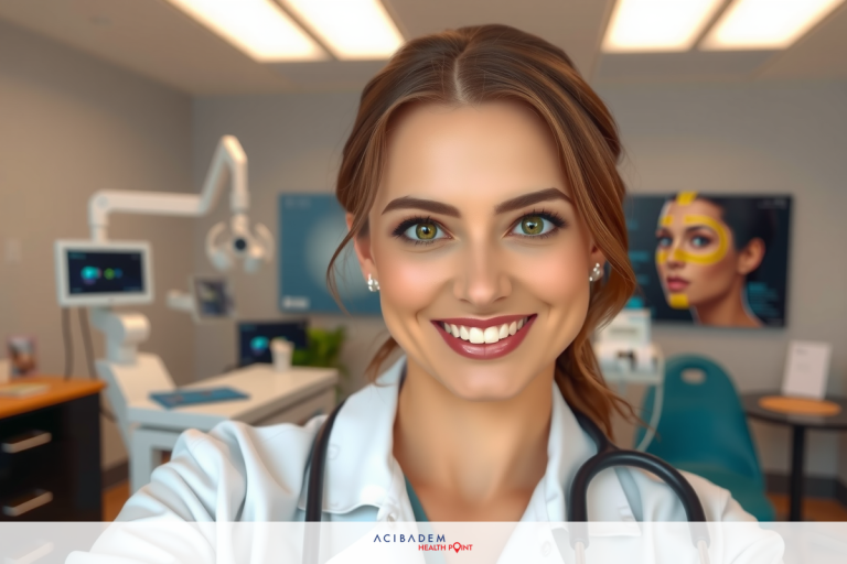 Is Nose Job and Rhinoplasty the Same? Woman in a medical office smiling at the camera, wearing a white coat and glasses.