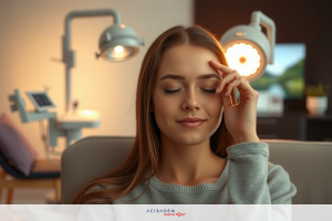 A young woman sitting in a professional setting with her hand on her forehead, appearing to be stressed or overwhelmed. The environment suggests a medical office with various equipment visible around her.
