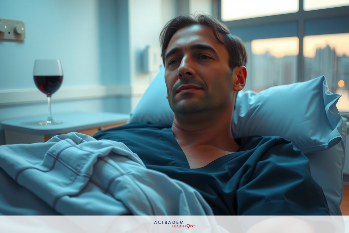 Image of a man lying in hospital bed, looking at wine glass next to him. The room has soft lighting and a window view of cityscape.