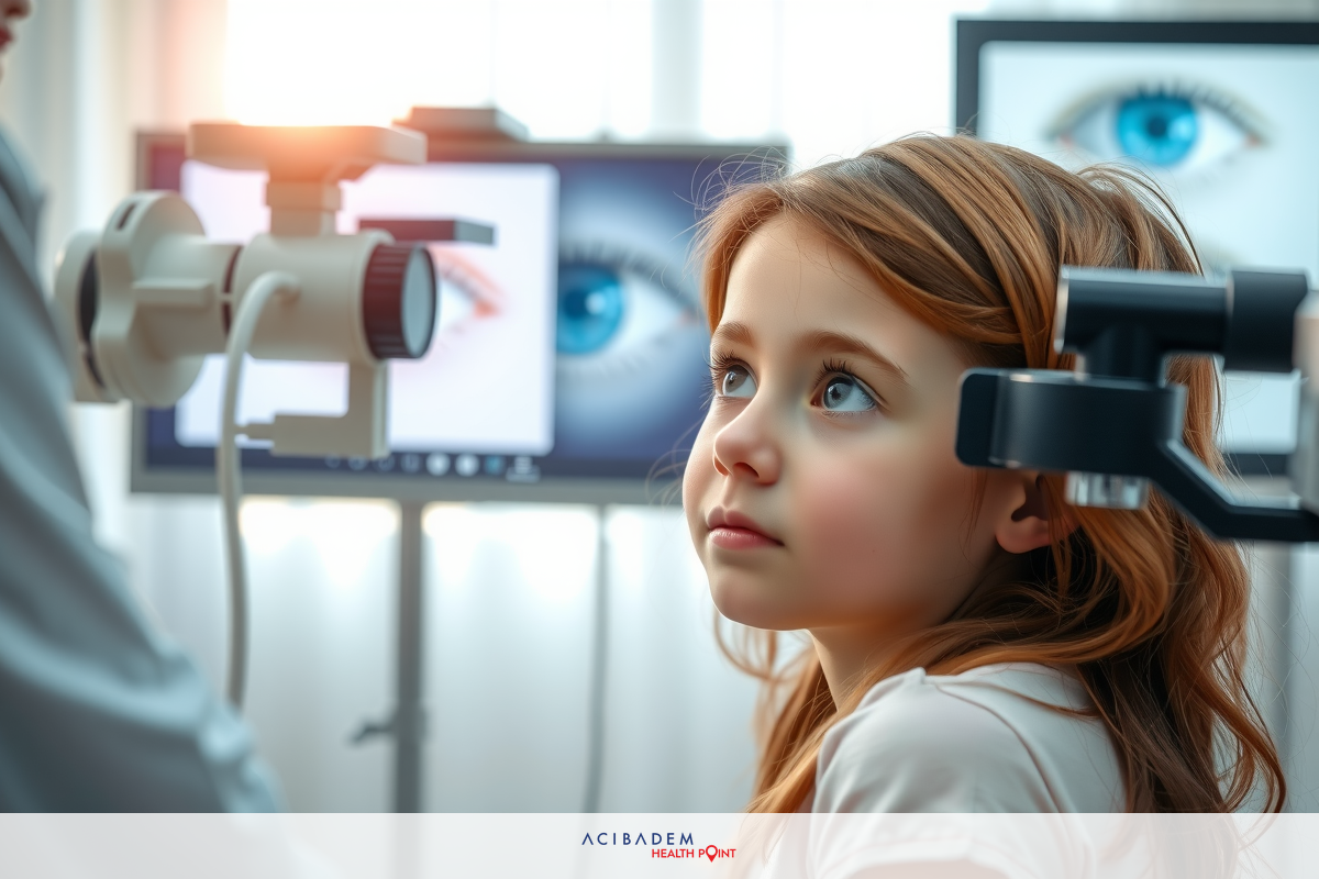 The image depicts a young child, possibly a girl, seated in an eye examination room. She appears focused on the eye test equipment being used by an adult standing beside her.