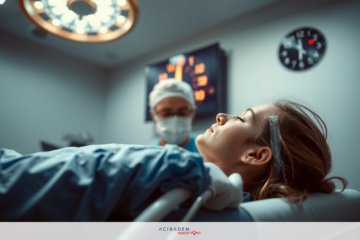 The image shows a medical setting with a woman lying on an operating table, draped in blue sterile cloth. She appears to be undergoing surgery as there are visible surgical instruments and she is hooked up to various monitors and devices typically found in an operating room.
