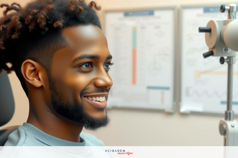 A cheerful man with a beard is sitting in an examination chair, smiling at the camera. The environment suggests a medical setting with various equipment and instruments visible.