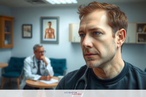 Man seated in waiting room; behind him, another man looking at papers on desk, presumably medical records. The setting suggests a clinical or health-related environment.