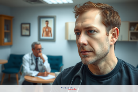 Does MassHealth Cover Rhinoplasty? Man seated in waiting room; behind him, another man looking at papers on desk, presumably medical records. The setting suggests a clinical or health-related environment.