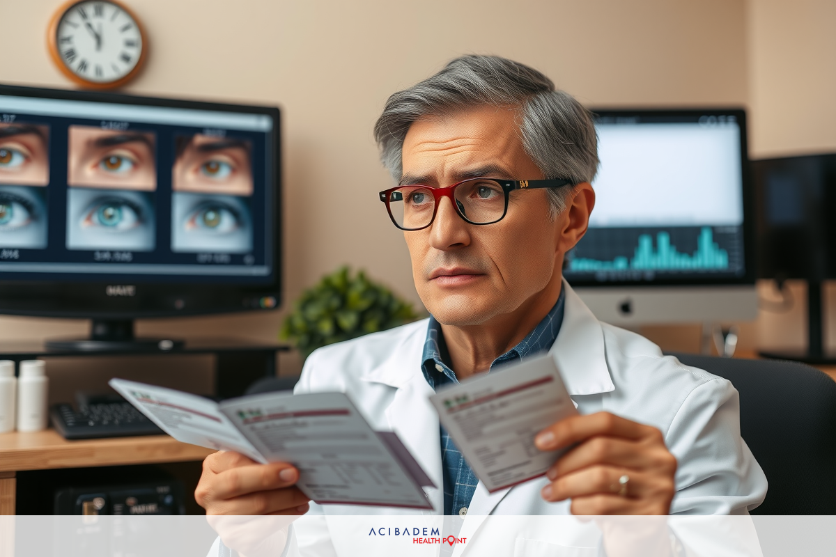The image depicts a male doctor with glasses, in an office setting. He is holding papers and looking at them closely. The environment suggests a medical or research facility due to the presence of computer monitors displaying eye imagery on screens.