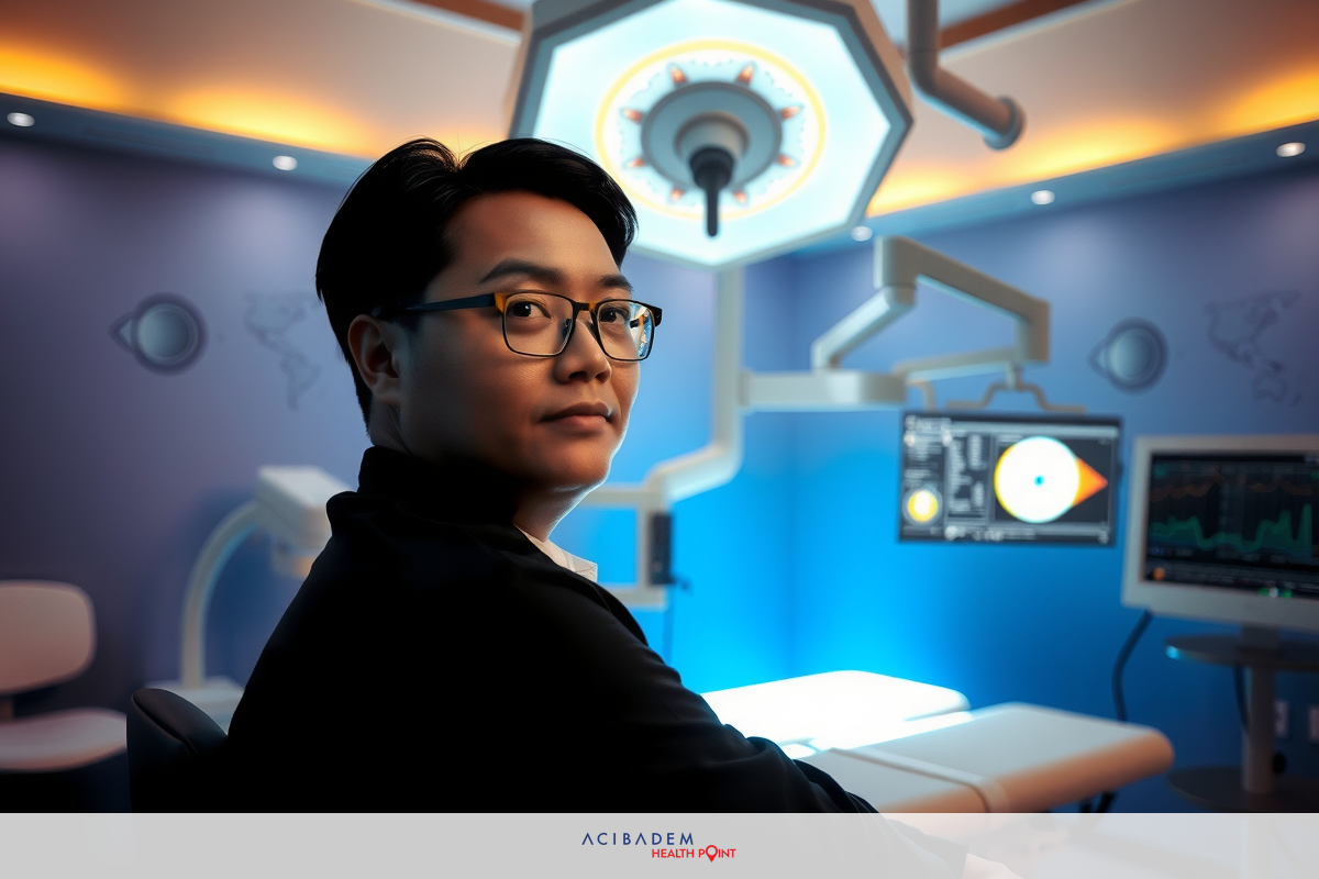 The image depicts a person in the role of a doctor or medical professional, sitting at a desk with various pieces of medical equipment.