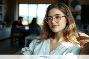 This image features a young woman seated in an indoor setting, possibly a living room or casual workspace. She is wearing glasses and has her hair tied back with her facial expression being relaxed and content.