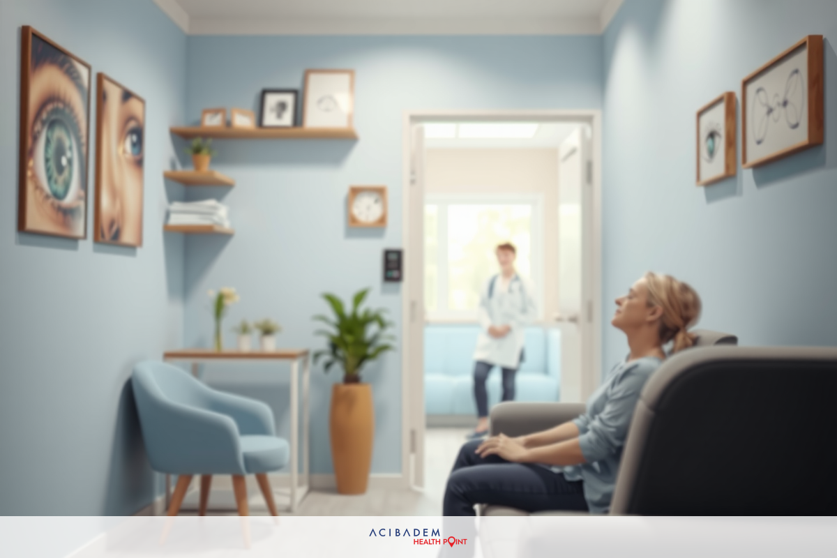 The image depicts a modern, clean interior space that could be a living room or lounge. The walls are painted in a soothing light blue with decorative elements such as framed eye art and other wall-mounted pieces. A person is sitting on a dark blue couch, engaged with another individual standing near the entrance, possibly conducting an interview or having a casual conversation. There's a potted plant adding a touch of greenery to space, and natural light from the open door suggests it might be daytime. The overall atmosphere feels comfortable and professional.