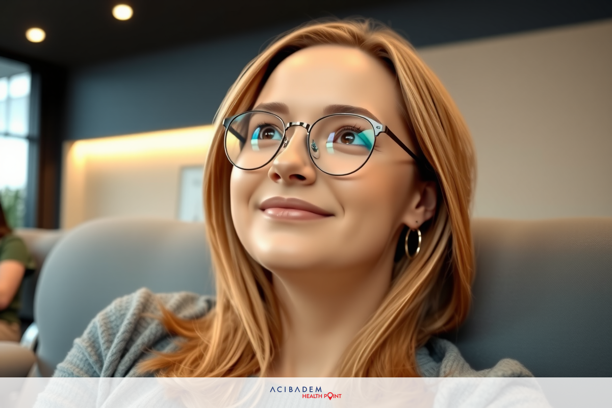 A woman is sitting comfortably in an office environment. She has blonde hair and is wearing glasses, giving off a relaxed vibe as she smiles into the camera.