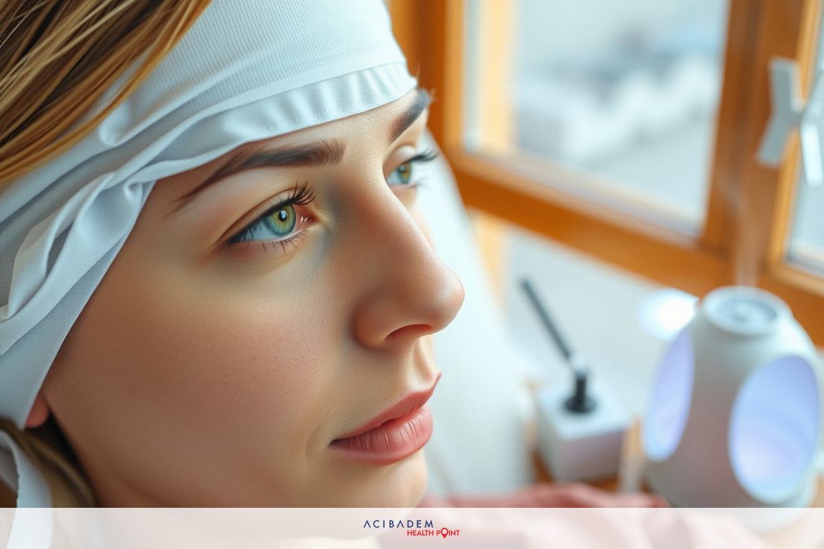 The image shows a woman wearing a white headband. Her gaze is directed away from the camera, suggesting contemplation or observation. The room appears to be well-lit with natural light coming through the window.