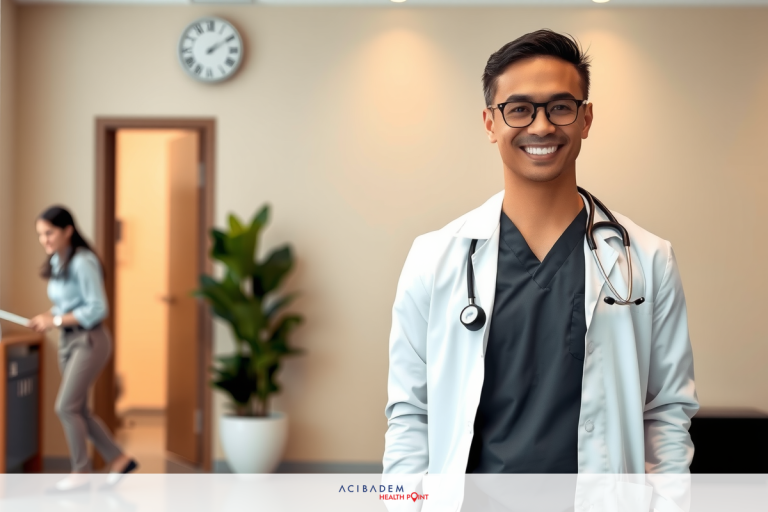 What is Smile LASIK Eye Surgery The image shows an interior medical office setting. A professional male doctor in a white lab coat is standing in the foreground, smiling and looking directly at the camera. He appears to be at a reception desk with a blurred background that suggests a modern office environment. The colors are muted with greys and neutral tones dominating the scene. The focus of this image is on the professional aspect of healthcare services.
