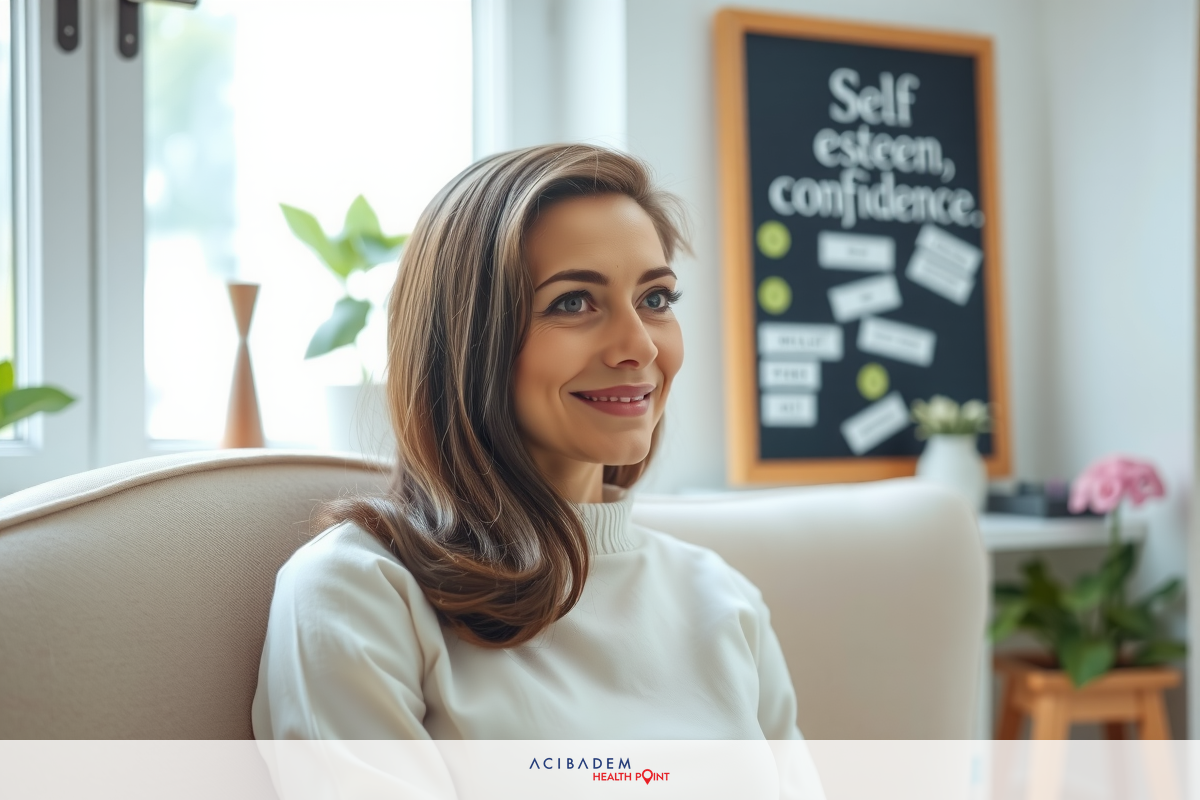 Smiling woman in cream jumper seated on arm of couch, looking at camera. Modern office interior with plants and chalkboard background.