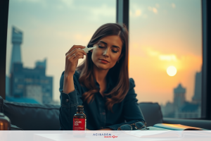 Woman sitting on couch with book, looking at bottle of medicine.