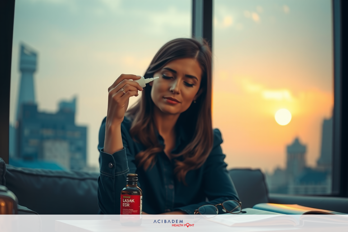Woman sitting on couch with book, looking at bottle of medicine.