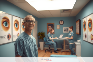 The image features a man, presumably an ophthalmologist or optometrist, standing in what appears to be an eye care office. He is dressed in professional attire and looks directly at the camera with a neutral expression. His surroundings include wall-mounted posters of eyes, likely used for patient education about various eye conditions or treatments. There are also framed images of human eyes on display, suggesting this is a specialized medical environment focused on vision care.