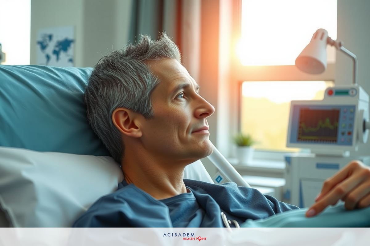 A man is lying in a hospital bed. He appears to be resting or receiving medical care, with various pieces of medical equipment around him.