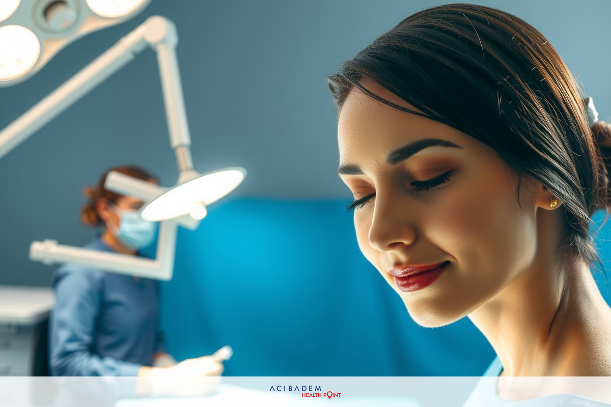 The image portrays a woman at a medical clinic, preparing for treatment. She is seated on the patient chair with a relaxed posture, smiling gently towards the camera.