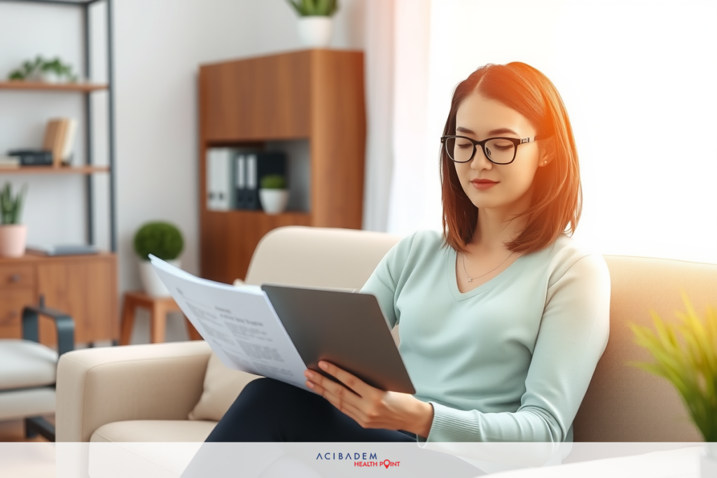 A woman in a modern, well-lit office or home environment is seated comfortably on a couch. She appears to be engaged in work or studying, as she holds documents in her hands.