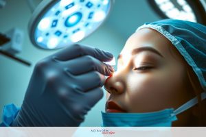 The image shows a medical professional, likely an ophthalmologist or optometrist, conducting an eye examination. The individual is wearing protective gloves, indicating a sterile environment.