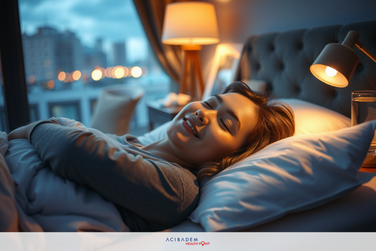 How Long Do Floaters Last After Laser Eye Surgery? A smiling woman in a comfortable bedroom with warm lighting and city lights visible through the window.