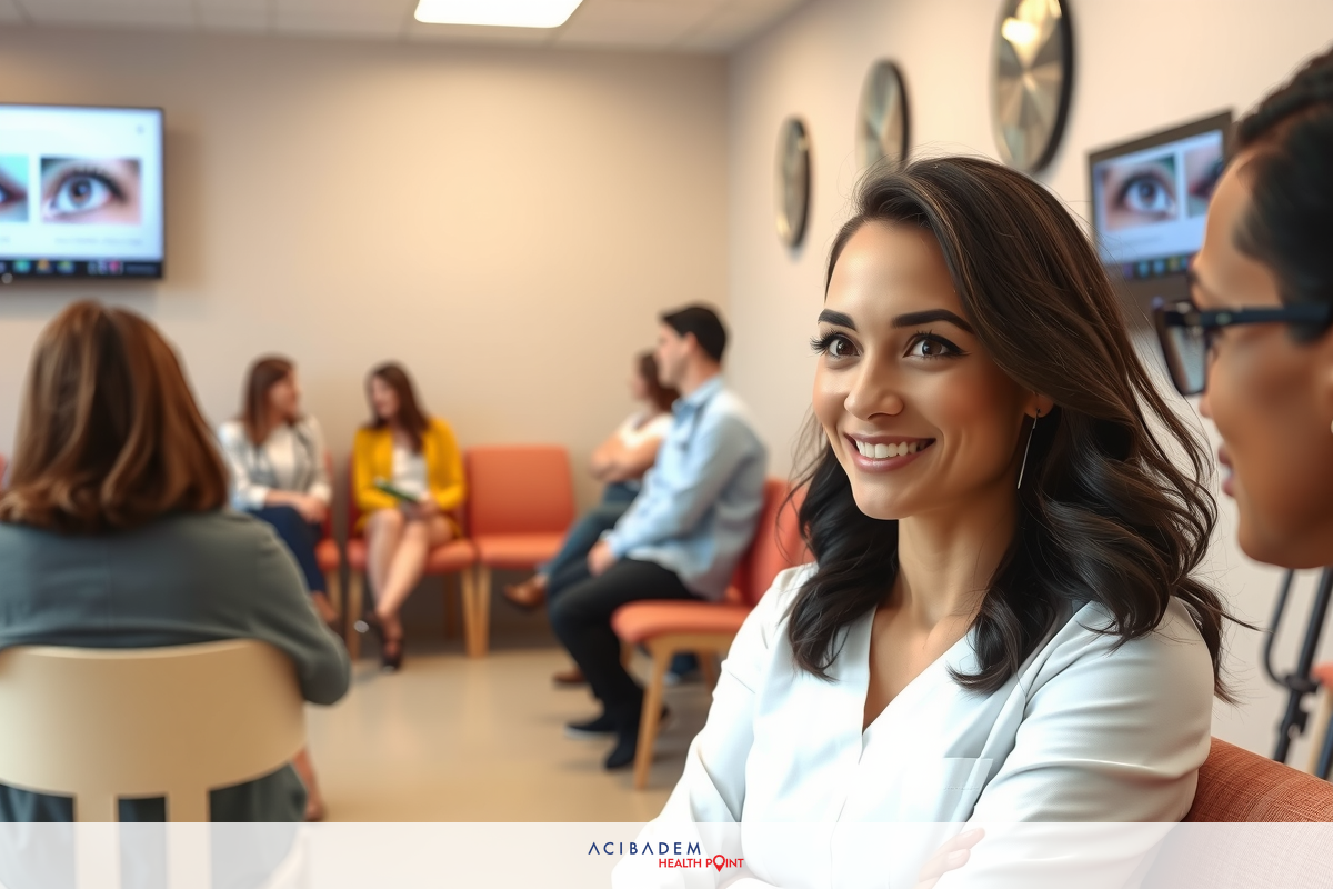 In the image, a group of people are gathered in a meeting room. The room is furnished with chairs and a large television screen on the wall which displays an image of a person's eye.