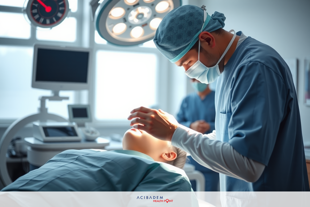 Medical scene in an operating room with surgeons attending to a patient on the table. The focus is on the medical staff and their actions.