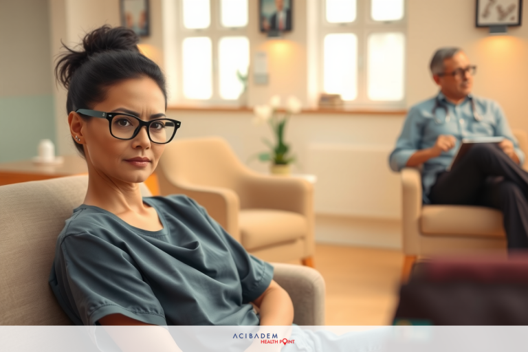 How Much is Laser Eye Surgery in Florida A woman dressed in medical scrubs is seated on a couch. She appears to be listening intently while the man is speaking.