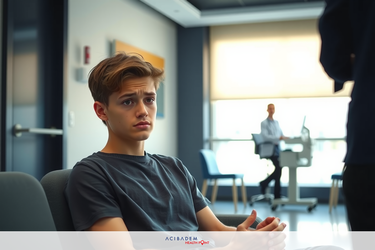 A young man is sitting in a waiting area, looking towards the camera with a serious expression. The room has modern decor and a bright, open ambiance. He is dressed casually, wearing a gray t-shirt.