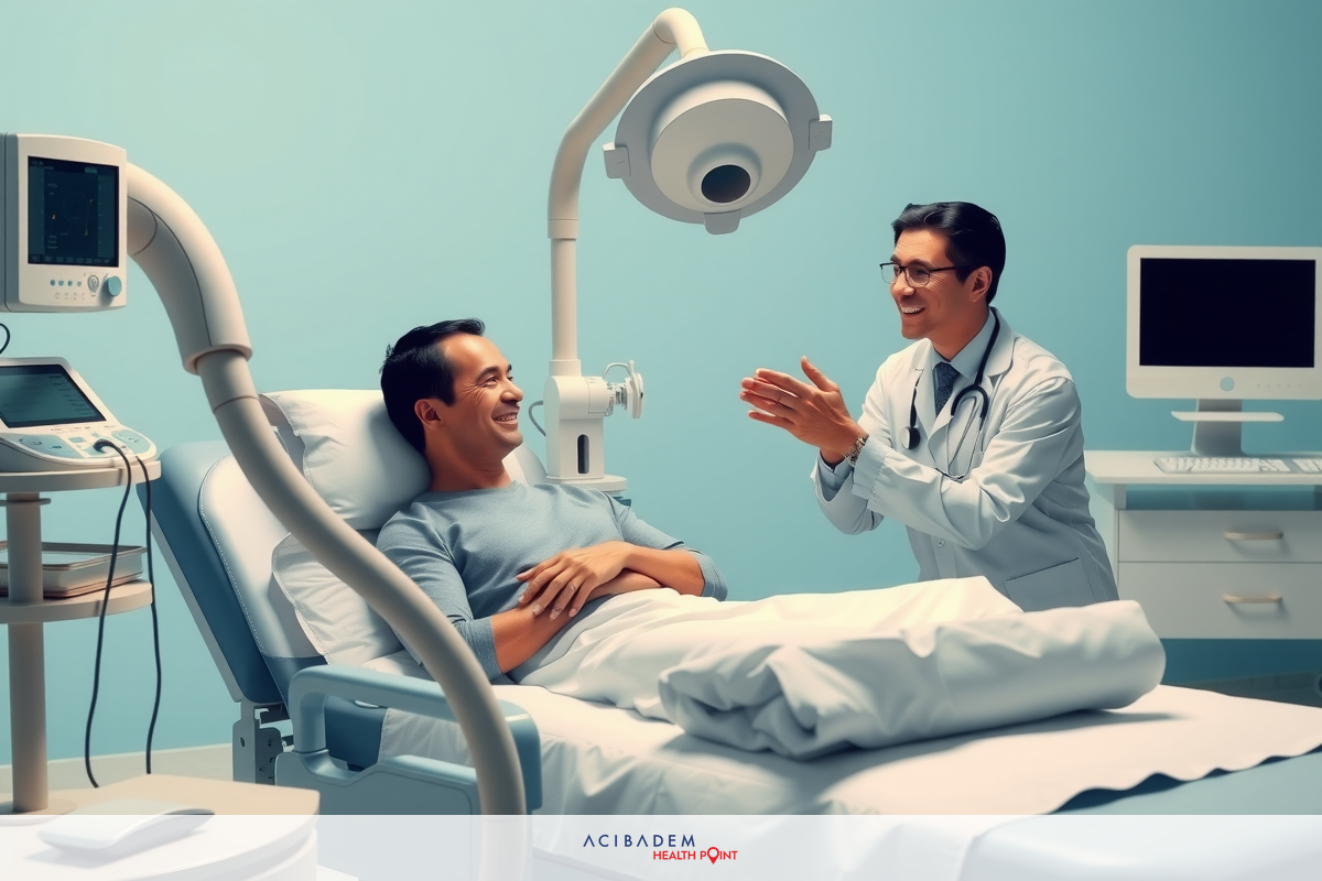 Hospital room scene, with medical professional and patient. Patient is sitting up in bed, listening to doctor. The environment includes a hospital bed, monitors, lighting that suggests an examination or consultation setting.