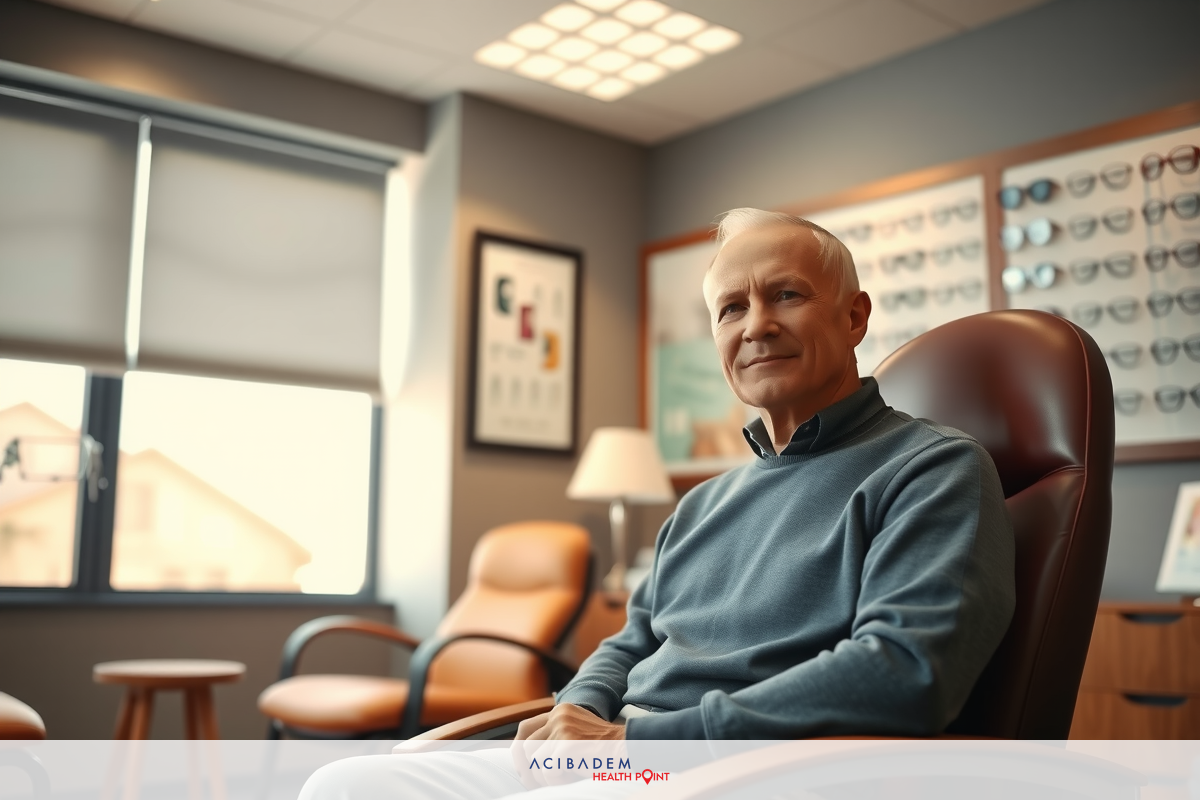 The image depicts a professional setting with an older man seated in a chair. He is wearing a casual, long-sleeve sweater and appears to be engaged in a conversation or a meeting, given his attentive posture. The room has an office decor.