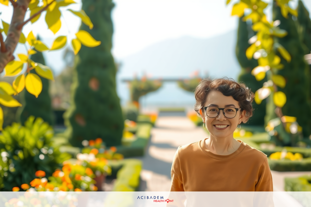 Woman with glasses, smiling and standing in a well-manicured garden area with vibrant flower beds. Wearing casual clothing and seems to be enjoying the day.