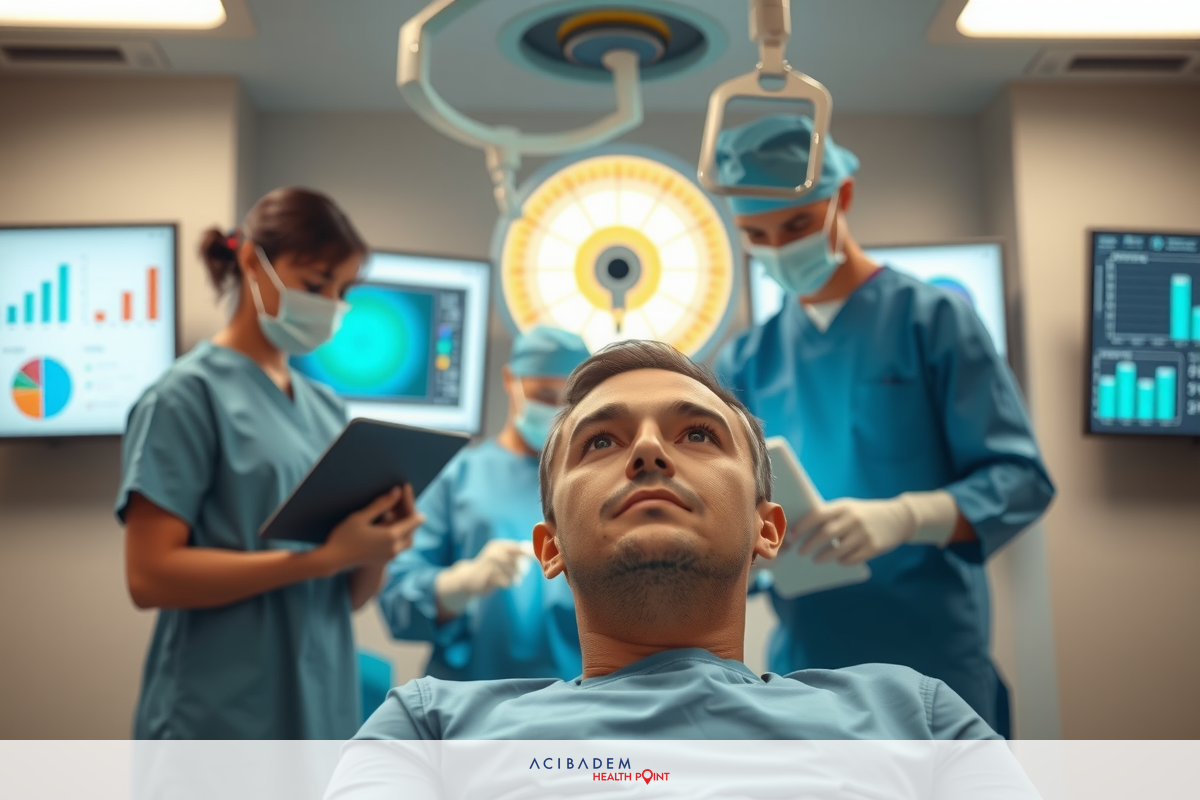 Medical image of a man lying on an operating table with medical personnel attending to him. The environment is sterile and equipped with medical monitors and instruments.