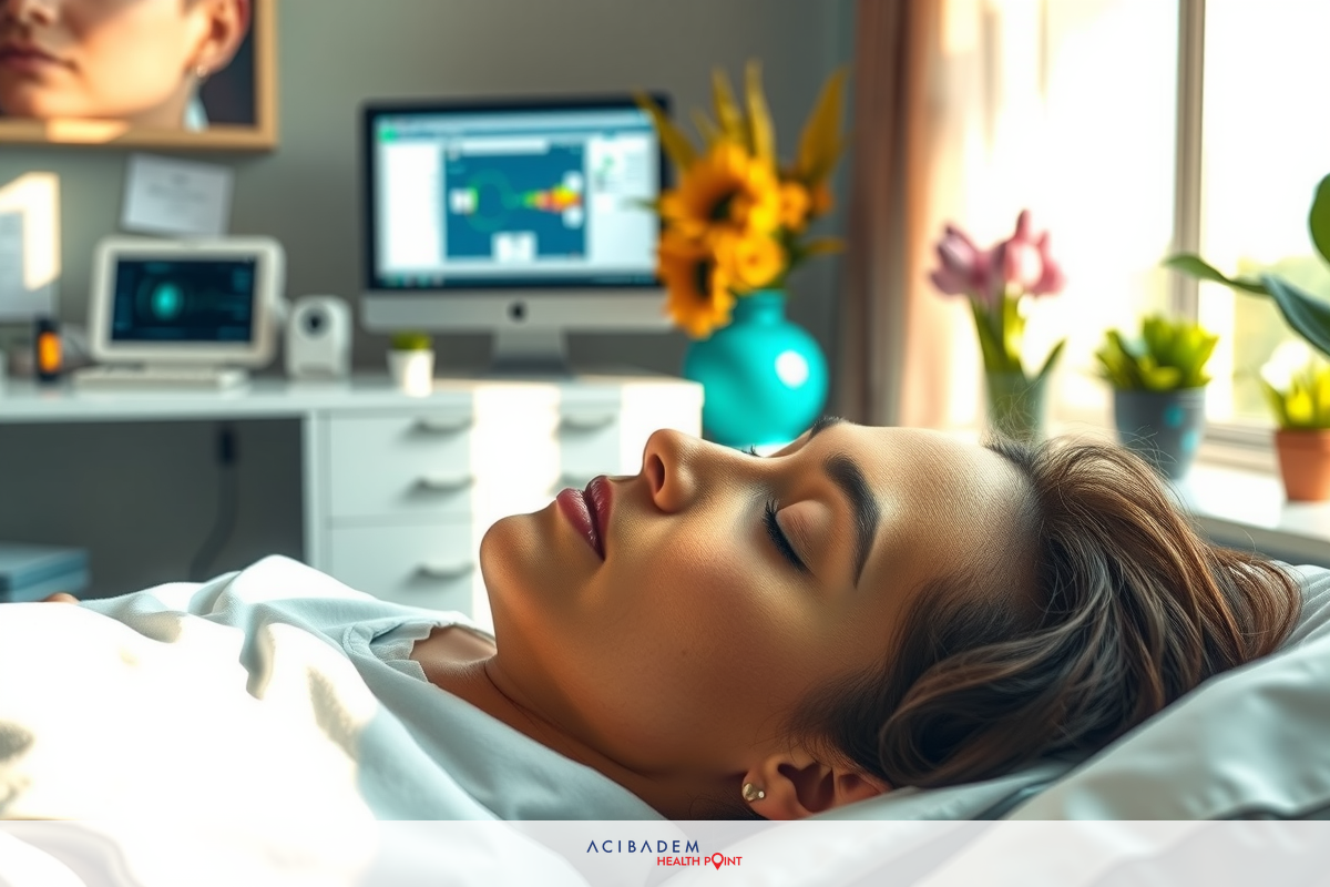 Image of a woman laying down on a bed, with her eyes closed as if she is resting or sleeping. She has short dark hair and is wearing a white top. There's a flower arrangement next to the bed, and the room appears to be well-lit with natural light.