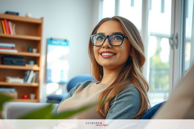Are There Any Long Term Effects of Laser Eye Surgery The image shows a woman sitting in an indoor office environment. She has blonde hair, is wearing glasses and a black top with white text on it. Her expression suggests she's engaged in conversation or receiving good news.