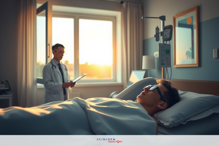 A doctor stands at the side of a hospital bed, examining a patient. The scene is set in a well-lit room with large windows, allowing natural light to fill the space.