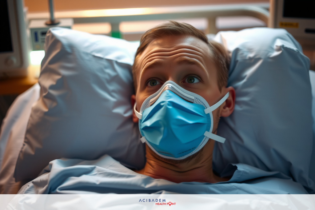 The image depicts a person lying in a hospital bed, wearing medical protective gear including a mask. The environment suggests an intensive care unit setting with medical equipment visible in the background.