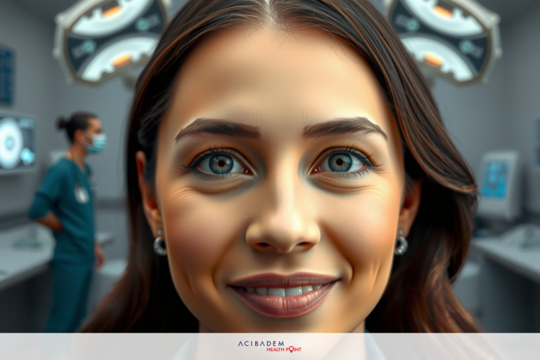 Is Laser Eye Surgery Effective? A woman in a medical setting, possibly a medical office. There are other people, likely medical professionals, in the background. The environment suggests a modern, sterile healthcare facility.