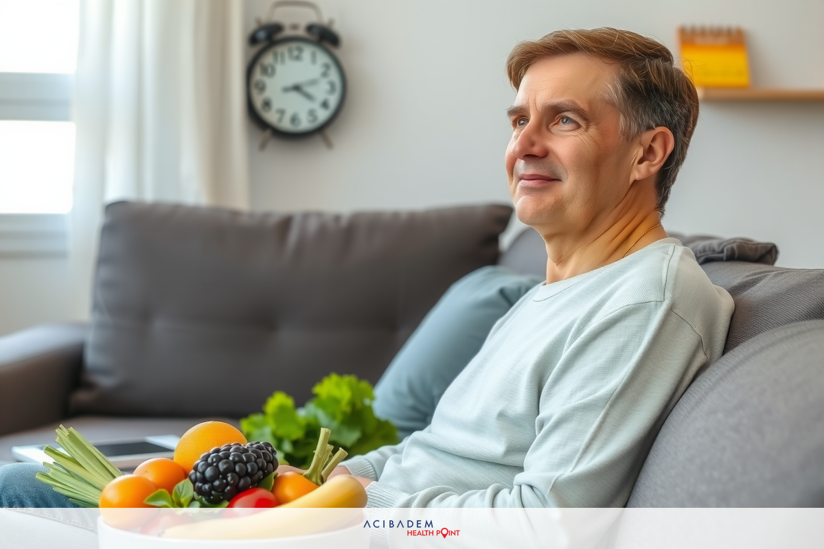 This is a photo of an elderly man sitting comfortably on a gray couch. He is smiling and a bowl full of various fresh fruits and vegetables is in front of him, implying a healthy lifestyle or the joy of eating nutritious food.