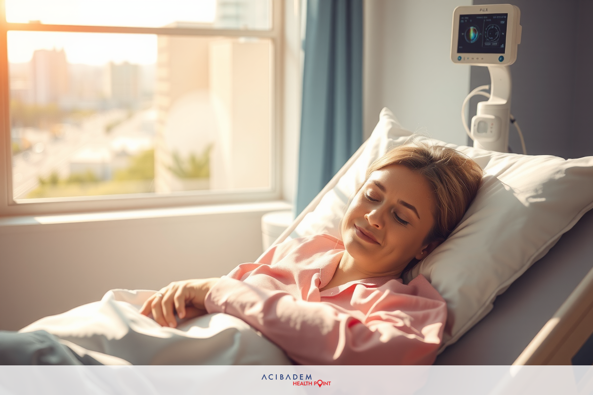 A woman resting in a hospital bed with sunlight streaming through the window, creating a warm ambiance. She is smiling and appears to be relaxed.