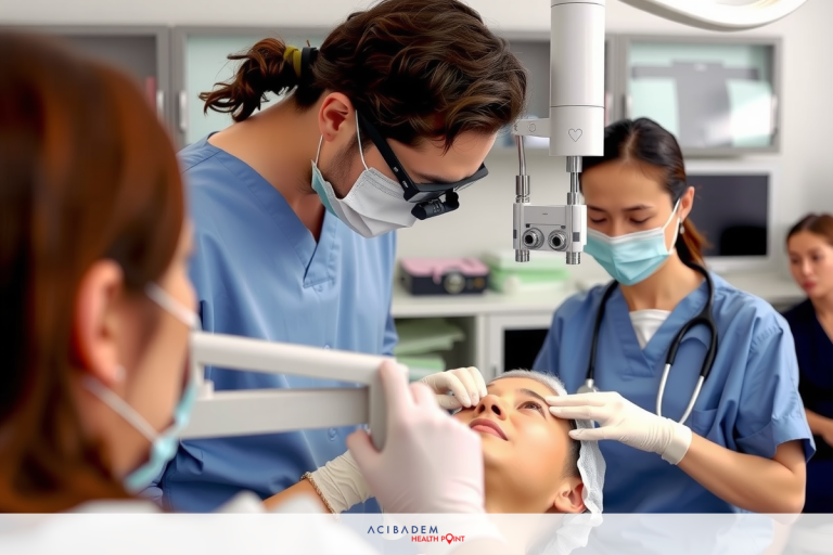 Medical professionals in a modern medical office. Patient receiving an examination, with staff assisting and monitoring.