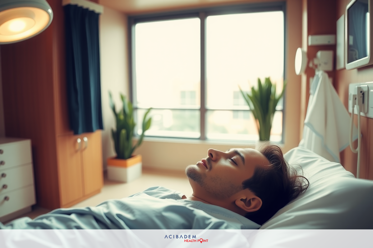A man in a hospital bed with medical equipment. The environment suggests a modern, clean facility.