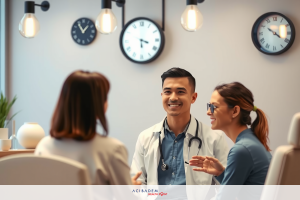Three people in a professional setting, two women and one man. The man is wearing a white coat, suggesting he's a medical doctor. They are smiling and engaging in conversation.