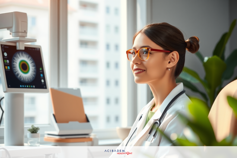 The image shows a professional setting with a woman seated at a desk equipped with modern office technology, including a computer monitor and a printer. The woman is wearing glasses and appears to be engaged in work, possibly related to healthcare or medical research given her white lab coat. The background suggests an urban environment with high-rise buildings, indicating that the scene takes place in a city. The color palette consists of muted tones, with the woman's attire being the most vibrant element.