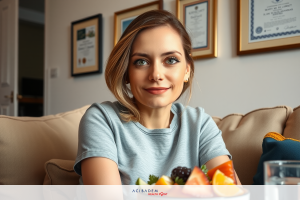 The image features a young woman sitting on a beige sofa. She has short blonde hair and is wearing a gray t-shirt. In front of her, there's a plate with slices of orange and strawberry. The background suggests an indoor setting with framed diplomas or certificates on the wall.