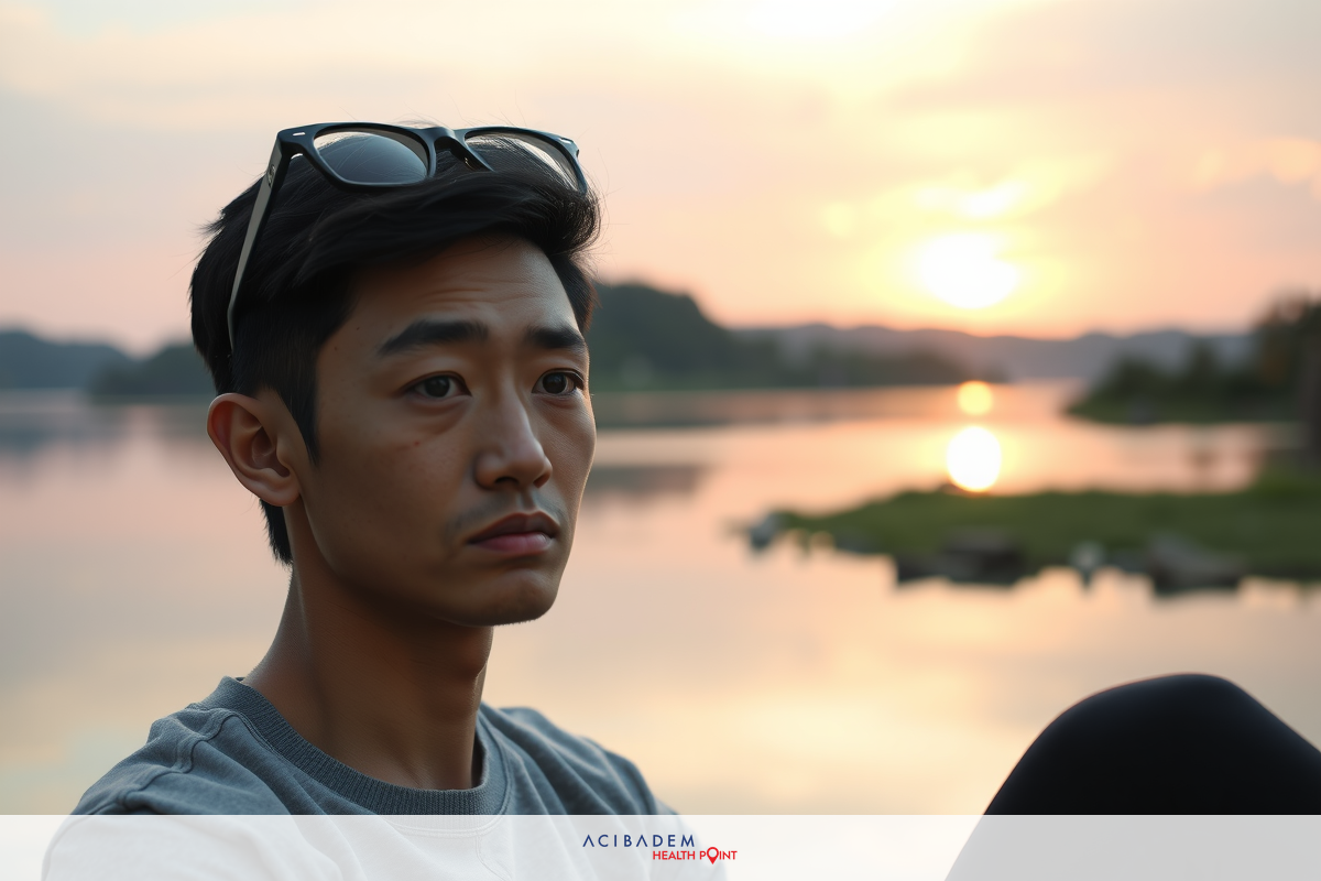 A man sits by the water at sunset, looking out over a calm lake. He puts on his sunglasses and his expression is thoughtful.