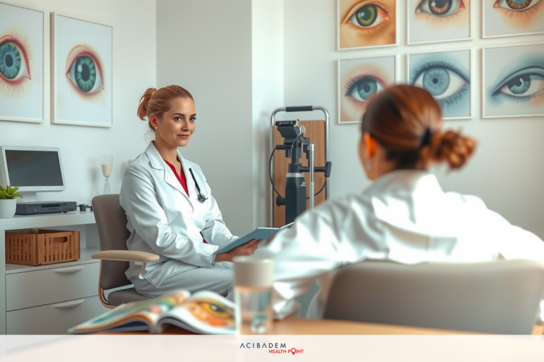Two women in a modern office environment, one wearing a white coat and the other sitting across from her. The doctor is holding some papers while the patient speaks. Office has modern decor.
