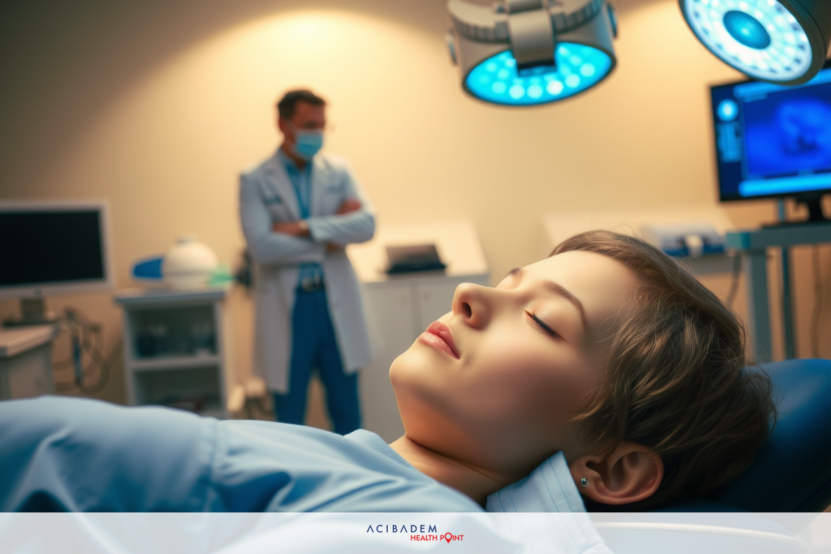 This is a medical setting with two individuals present. A woman is lying down on an examination table, likely for an eye check-up or procedure. She has her eyes closed and appears relaxed or possibly asleep.
