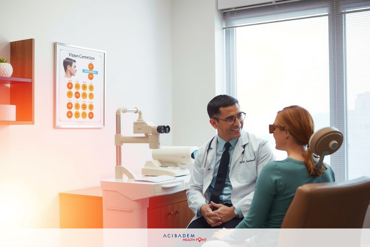 The image shows a professional medical setting. A doctor is seated on the right, wearing a white coat with a stethoscope around his neck. He is smiling and appears to be engaged in conversation with a patient who is sitting across from him. The patient is also smiling.