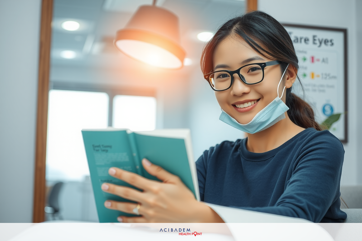 A woman wearing a face mask, glasses and a black shirt is smiling while reading a book in an office environment. The room has natural light and there's a lamp with a warm glow behind her.
