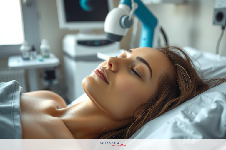How Long Does Laser Eye Surgery Procedure Last? The image shows a woman lying on her back in a medical setting. She appears relaxed, possibly during a medical test or examination. The environment suggests a modern healthcare facility with monitors and equipment surrounding the bed.